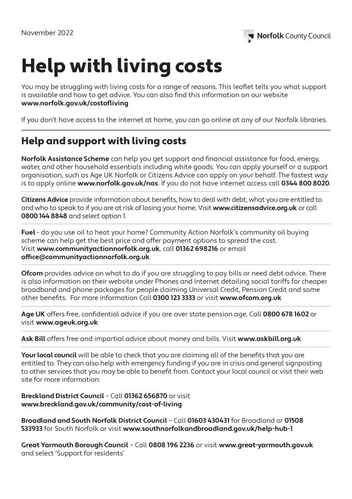 flyer provided by Norfolk County Council on Help available with cost of living
