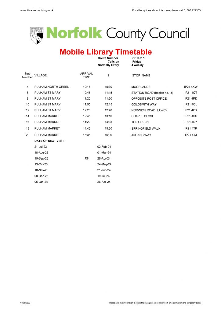 Poster of new Mobile Library Timetable for the Pulhams from July 2023