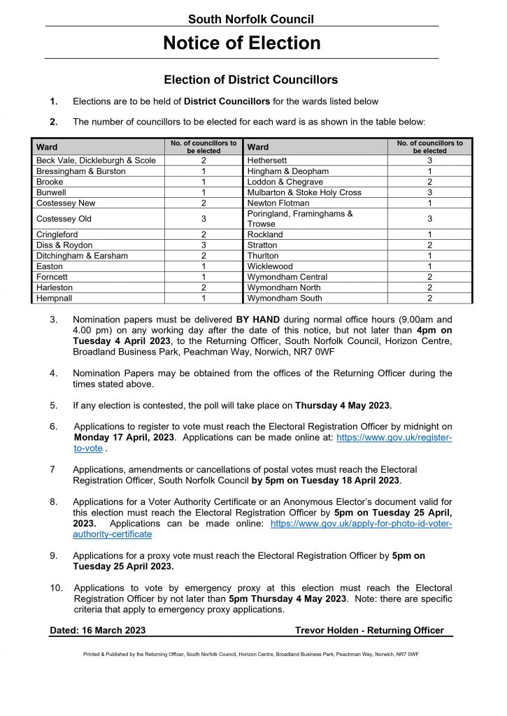 South Norfolk Council Notice of District Council Election