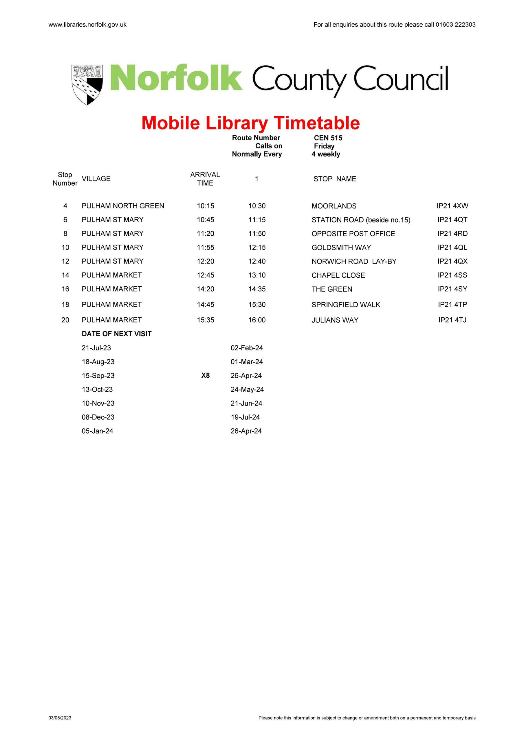 New Mobile Library Timetable From July 2023 Pulham Market